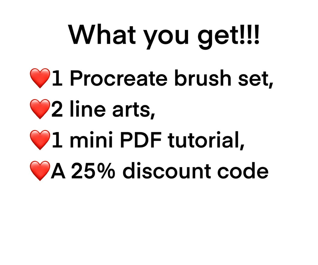 Welcome Kit: 1 Procreate brush set, 2 linearts, 1 mini PDF tutorial, a 25% discount code for my All inclusive Procreate Bundle