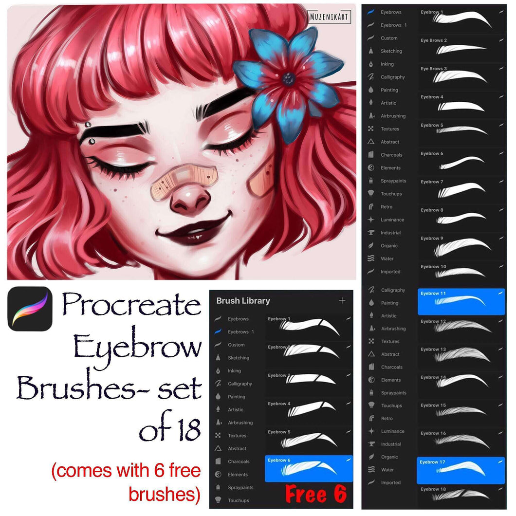 Procreate Eyebrow Stamp Brushes : Set of 18 with 6 Free Stamps